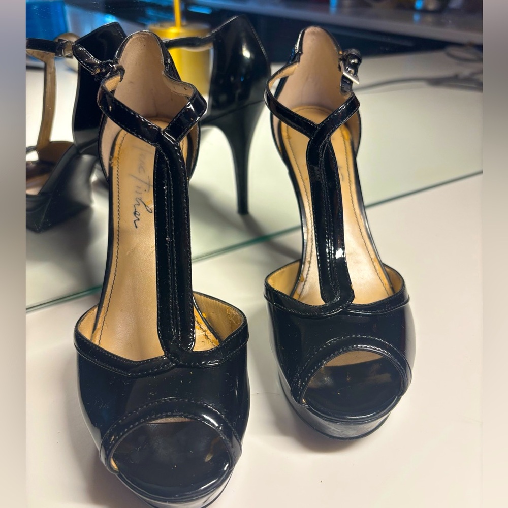T Strap Black Patent Leather Women's Slingback Sandals